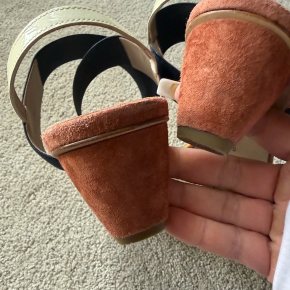 Donald Pliner Colorblock Block Sandals Navy Mustard Suede Slingback Heel size 9 - Picture 7 of 10